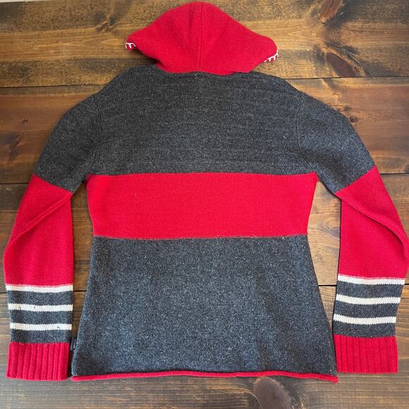 Vintage Obermeyer Wool Red Grey Striped 1/4 Zip Sweater Hoodie Apres Ski W Small - Picture 4 of 13